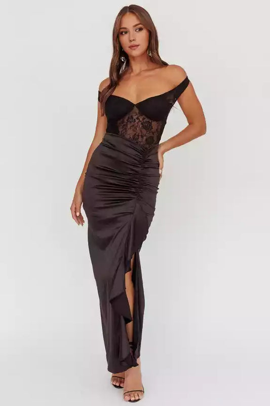 Stunning mid length satin lace corset with lined chest, thigh splits, ruffled edges, and zippered back Prom Dresses