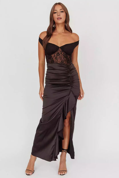 Stunning mid length satin lace corset with lined chest, thigh splits, ruffled edges, and zippered back Prom Dresses