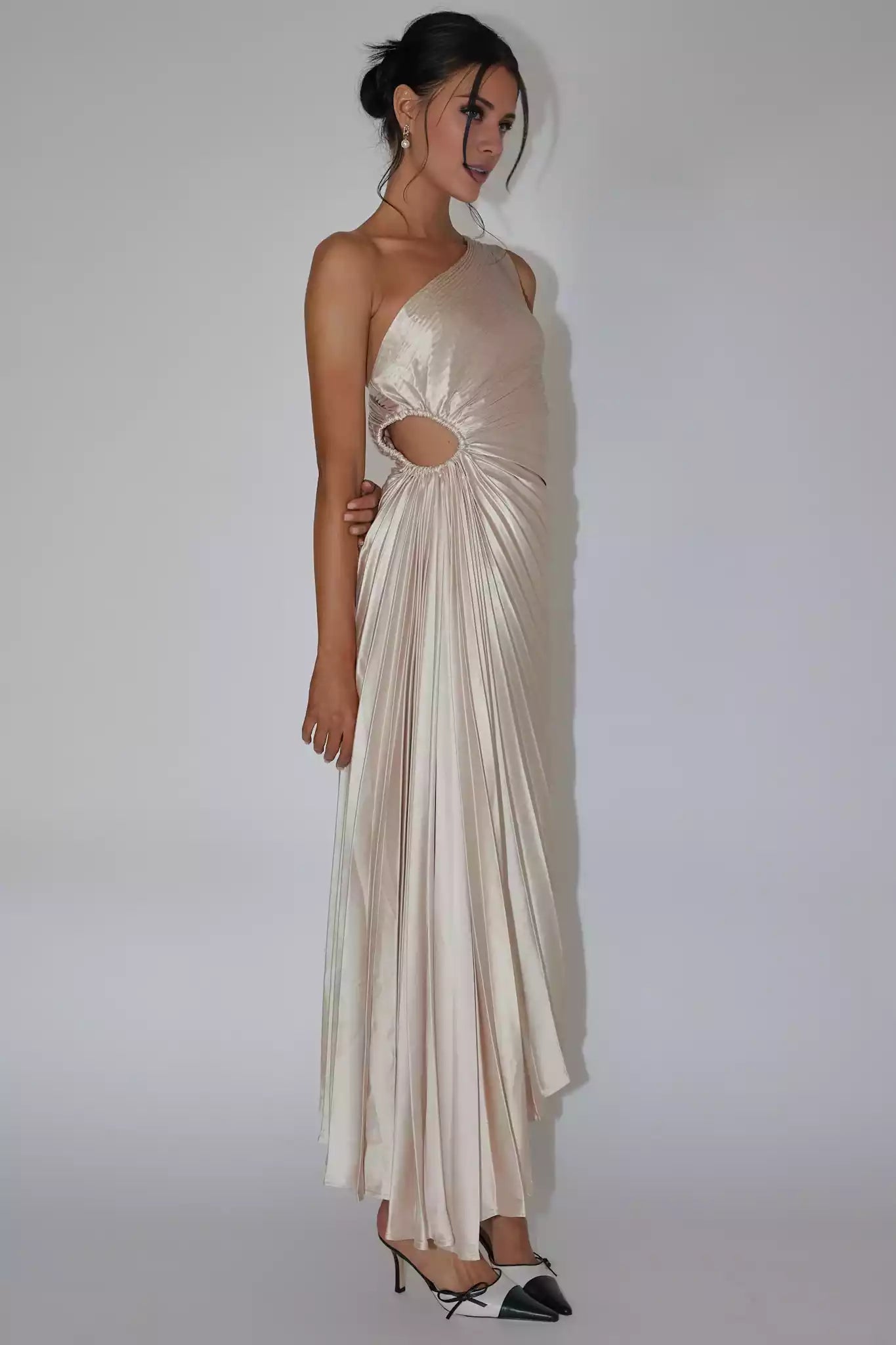 Stunning mid length single shoulder accordion pleated waist cut with elastic band and hidden side zipper Prom Dresses