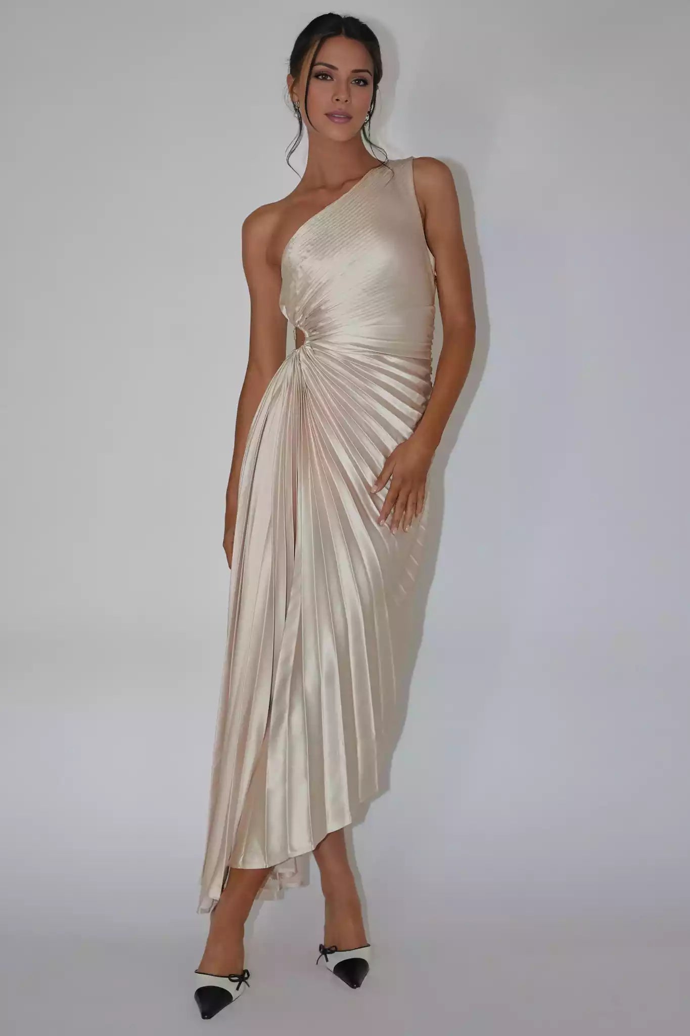 Stunning mid length single shoulder accordion pleated waist cut with elastic band and hidden side zipper Prom Dresses