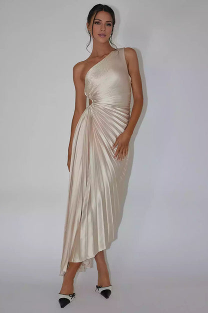 Stunning mid length single shoulder accordion pleated waist cut with elastic band and hidden side zipper Prom Dresses