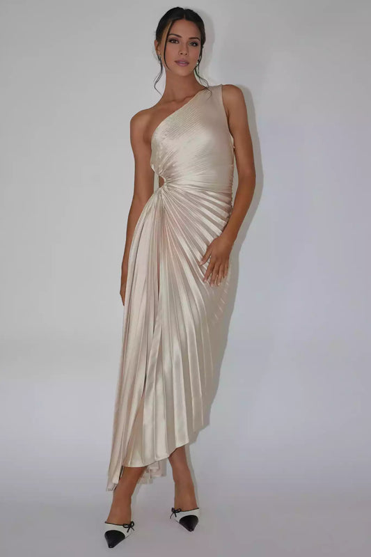 Stunning mid length single shoulder accordion pleated waist cut with elastic band and hidden side zipper Prom Dresses