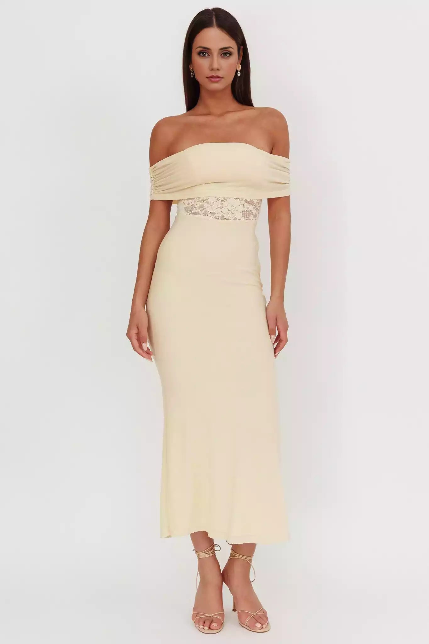 Stunning off shoulder design with lace waist and side zipper Prom Dresses