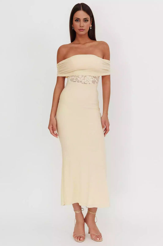 Stunning off shoulder design with lace waist and side zipper Prom Dresses