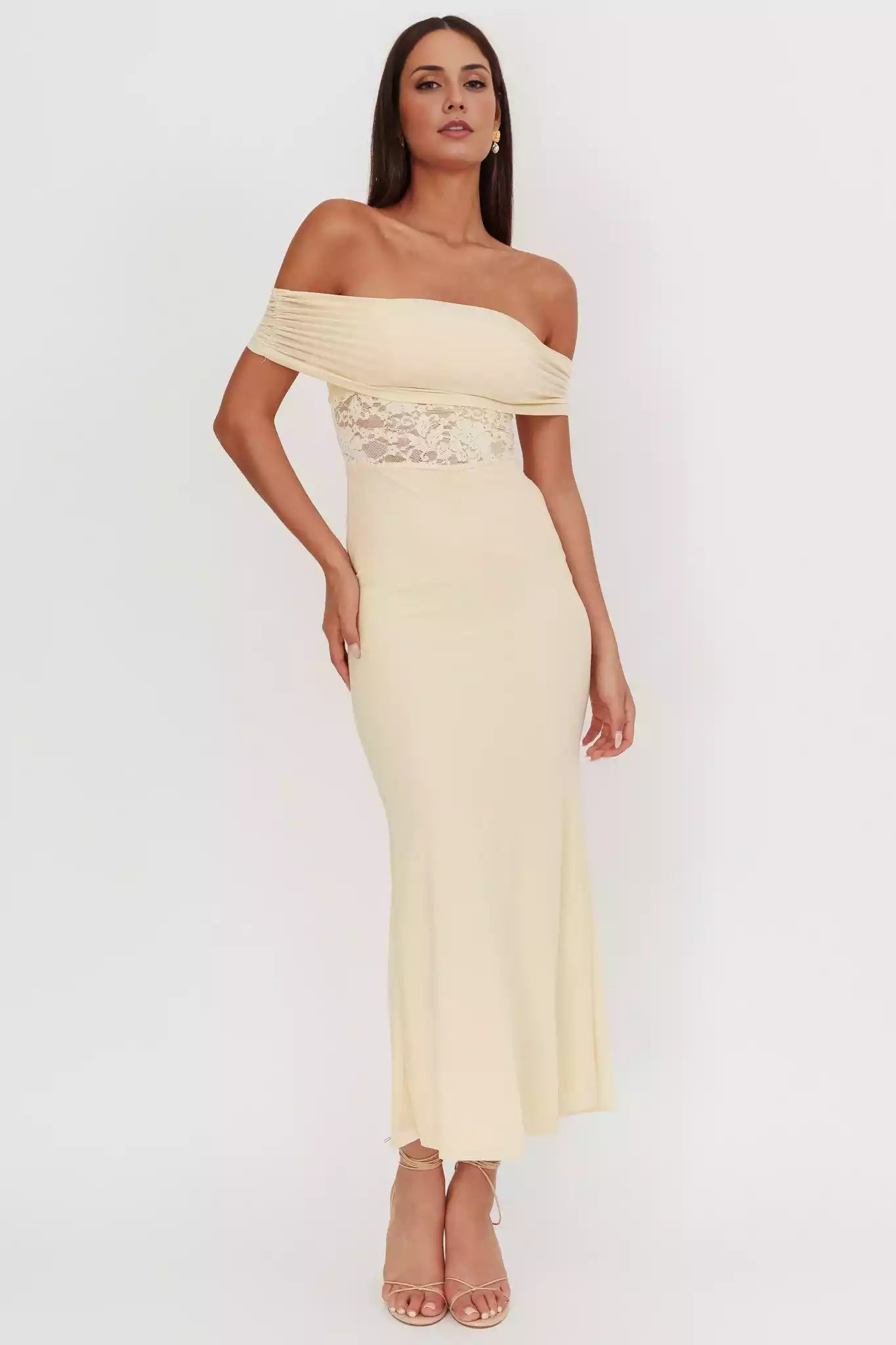 Stunning off shoulder design with lace waist and side zipper Prom Dresses