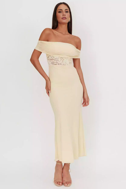 Stunning off shoulder design with lace waist and side zipper Prom Dresses