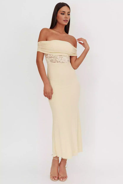 Stunning off shoulder design with lace waist and side zipper Prom Dresses