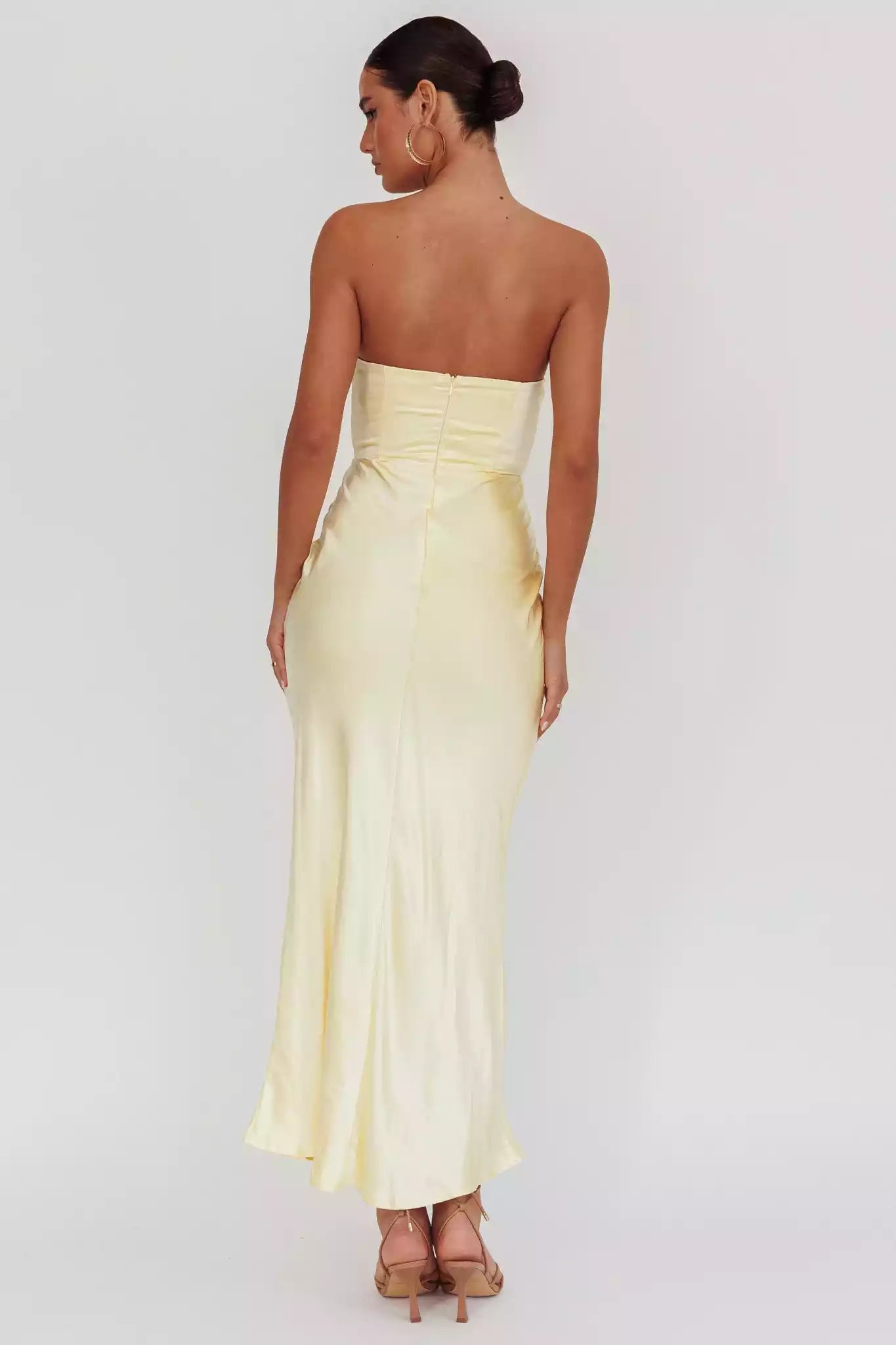 Stunning off shoulder satin without lining or shoulder straps, ultra long invisible back zipper Prom Dresses