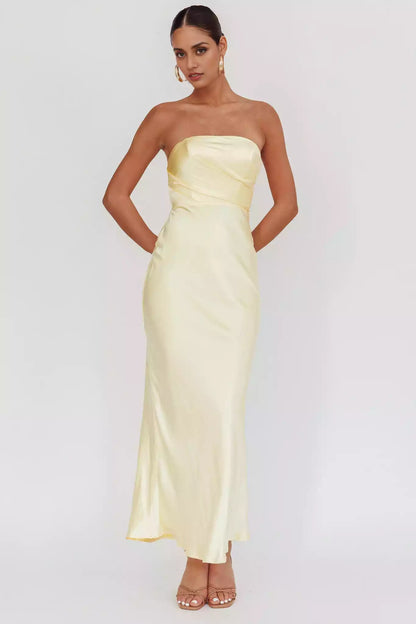 Stunning off shoulder satin without lining or shoulder straps, ultra long invisible back zipper Prom Dresses
