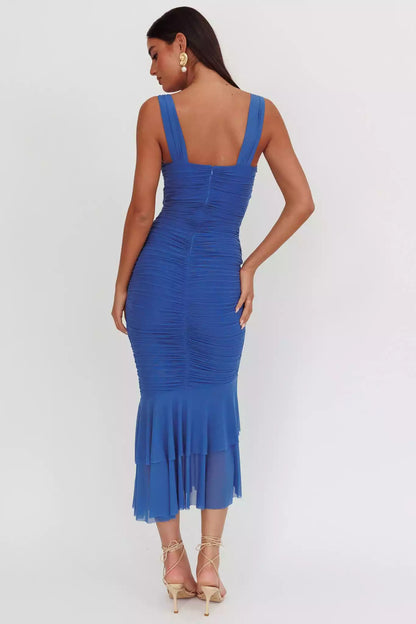 Stunning pleated fish tail design with mesh fabric back and zipper Prom Dresses