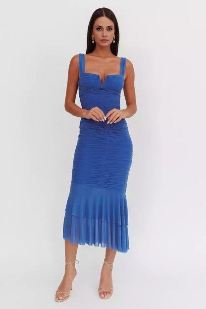 Stunning pleated fish tail design with mesh fabric back and zipper Prom Dresses