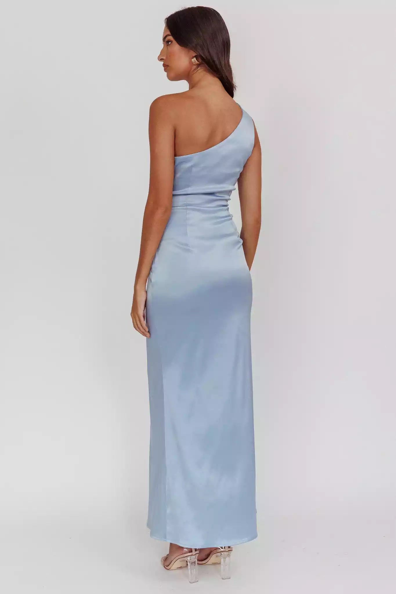 Stunning satin extra long asymmetrical collar, waist pleat details, side leg slits, invisible side zipper Prom Dresses
