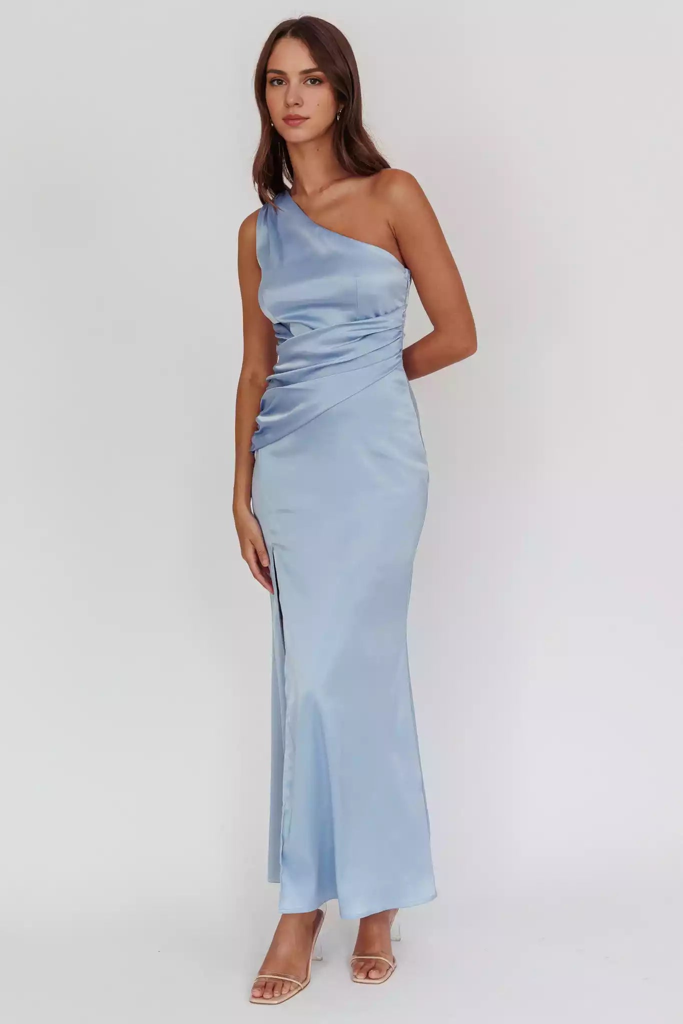 Stunning satin extra long asymmetrical collar, waist pleat details, side leg slits, invisible side zipper Prom Dresses