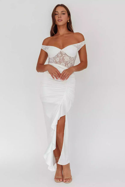Stunning satin lace corset with lining, thigh splits, ruffled edges, back zipper Prom Dresses