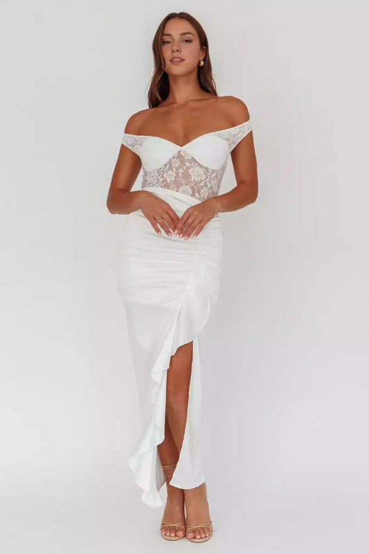Stunning satin lace corset with lining, thigh splits, ruffled edges, back zipper Prom Dresses