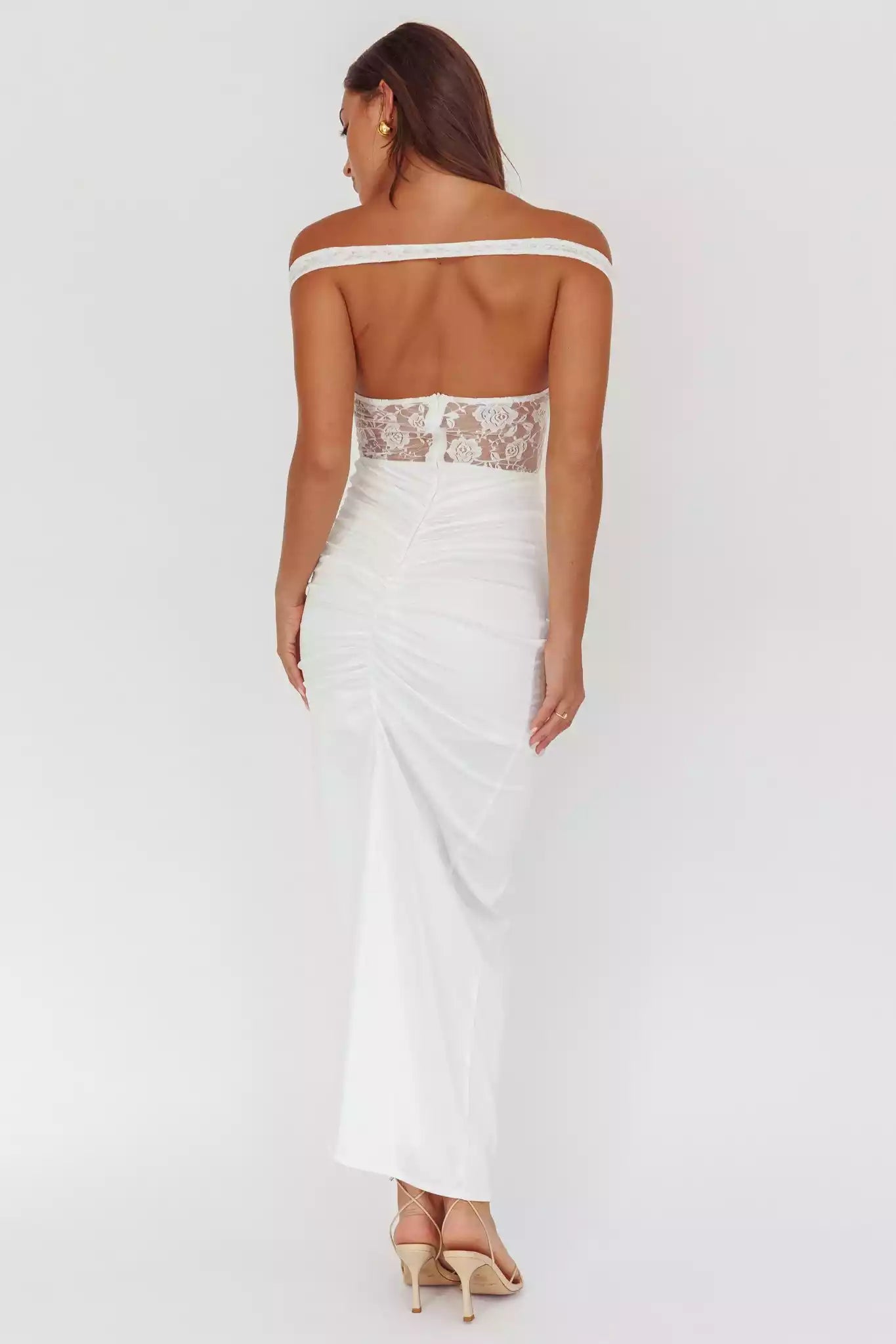 Stunning satin lace corset with lining, thigh splits, ruffled edges, back zipper Prom Dresses