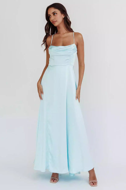 Stunning satin long front high slit, unlined adjustable shoulder straps, hidden zipper on the back Prom Dresses