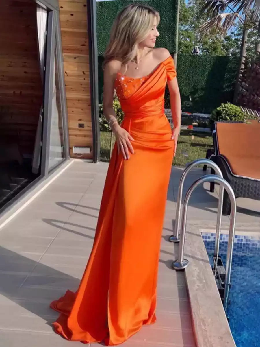 Stunning satin single shoulder collar and floor mermaid sleeveless pleated lace up back Prom Dresses