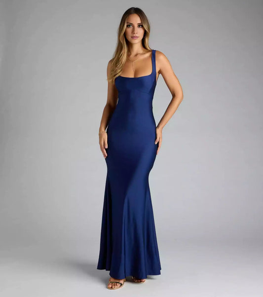Stunning square neckline, thin shoulder straps, pleated hem, back strap, mermaid and floor skirt, Prom Dresses