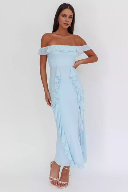 Stunning strapless lining with exposed shoulder and lotus leaf trim details, back with zipper Prom Dresses