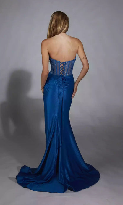 Stunning strapless slim fit long transparent three-dimensional corset with pleats and slits to the legs Prom Dresses