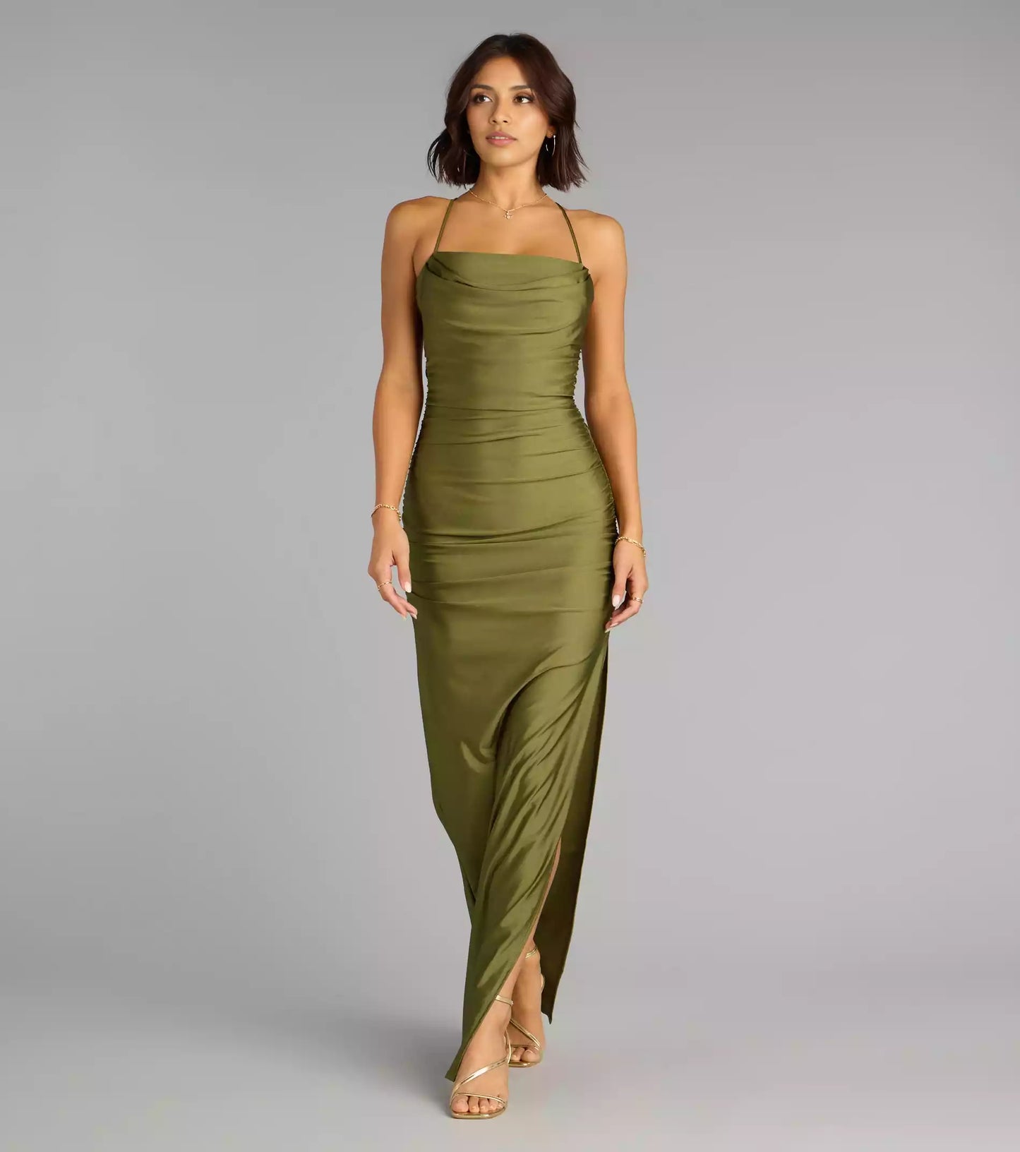 Stunning stretch knit scarf collar with thin shoulder straps, back straps, side seams, pleats, and floor Prom Dresses