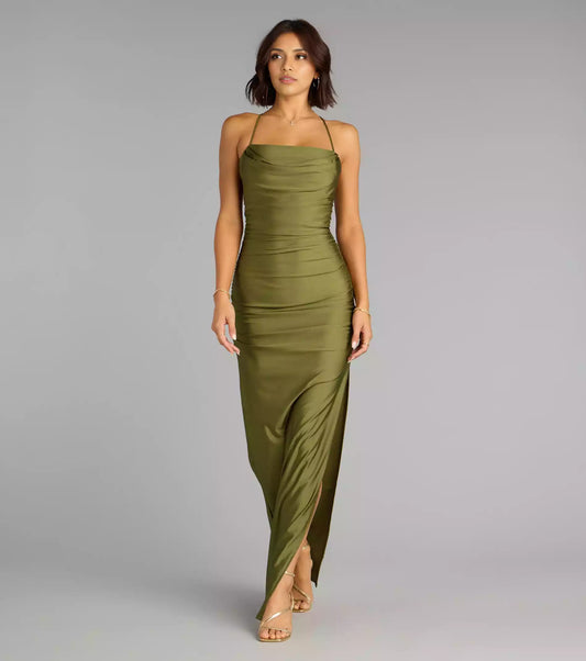 Stunning stretch knit scarf collar with thin shoulder straps, back straps, side seams, pleats, and floor Prom Dresses