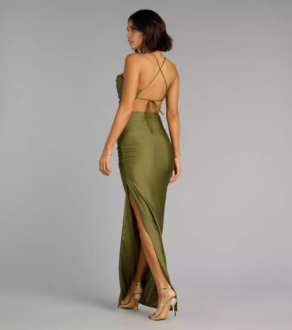 Stunning stretch knit scarf collar with thin shoulder straps, back straps, side seams, pleats, and floor Prom Dresses