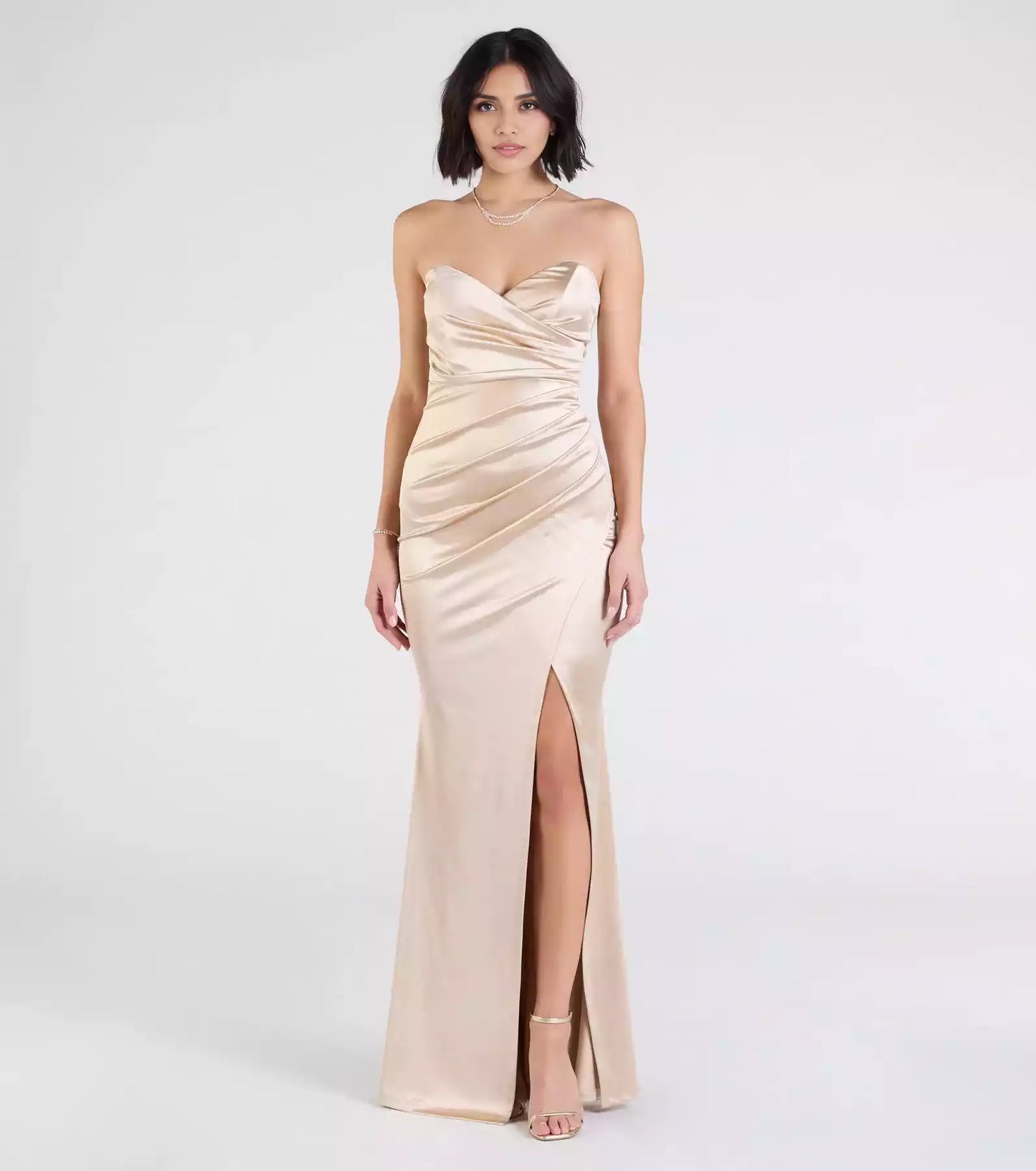 Stunning stretch satin strapless heart-shaped neckline back zipper high front slit mermaid Prom Dresses