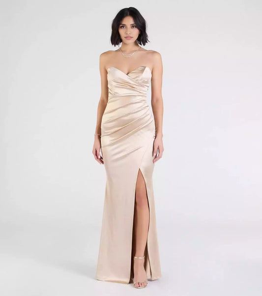 Stunning stretch satin strapless heart-shaped neckline back zipper high front slit mermaid Prom Dresses