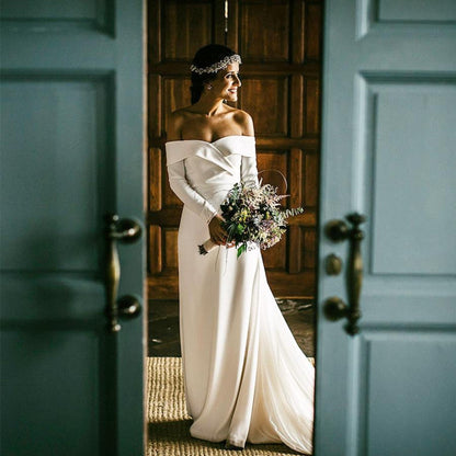 Stylish V-Neck Long Sleeves Wedding Dresses Satin Bridal Gowns Off The Shoulder