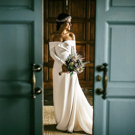Stylish V-Neck Long Sleeves Wedding Dresses Satin Bridal Gowns Off The Shoulder