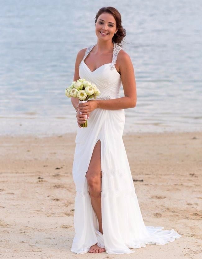 Summer Style White Chiffon V-neck Long Split Wedding Dresses Beach
