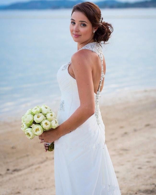 Summer Style White Chiffon V-neck Long Split Wedding Dresses Beach