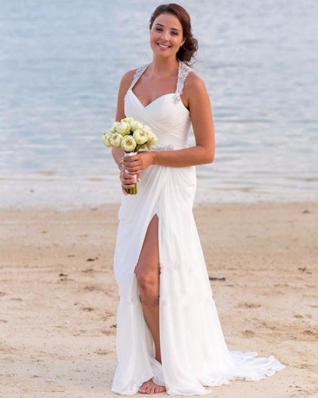 Summer Style White Chiffon V-neck Long Split Wedding Dresses Beach