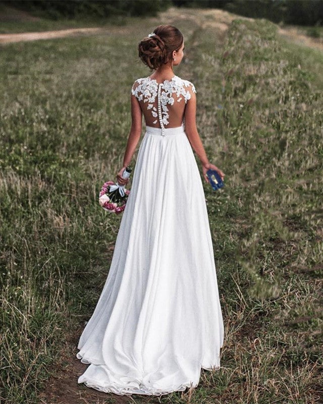 Summer Wedding Dress Chiffon Sweep Train Leg Slit Lace Cap Sleeves