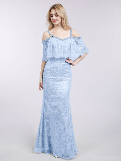Spaghetti Strap Mermaid Lace Gown-Sky Blue