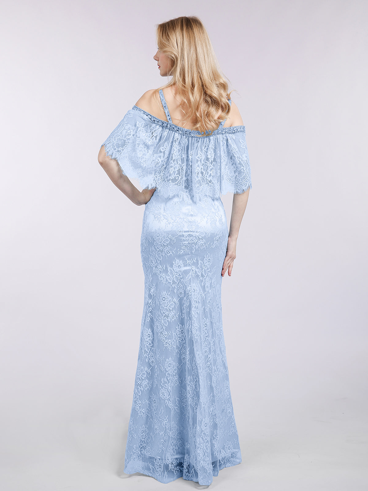 Spaghetti Strap Mermaid Lace Gown-Sky Blue