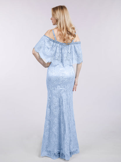 Spaghetti Strap Mermaid Lace Gown-Sky Blue