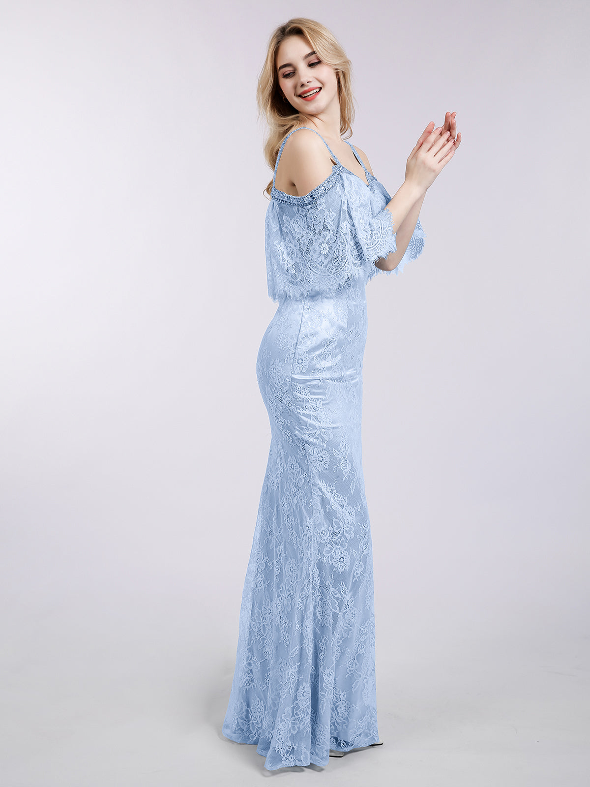 Spaghetti Strap Mermaid Lace Gown-Sky Blue
