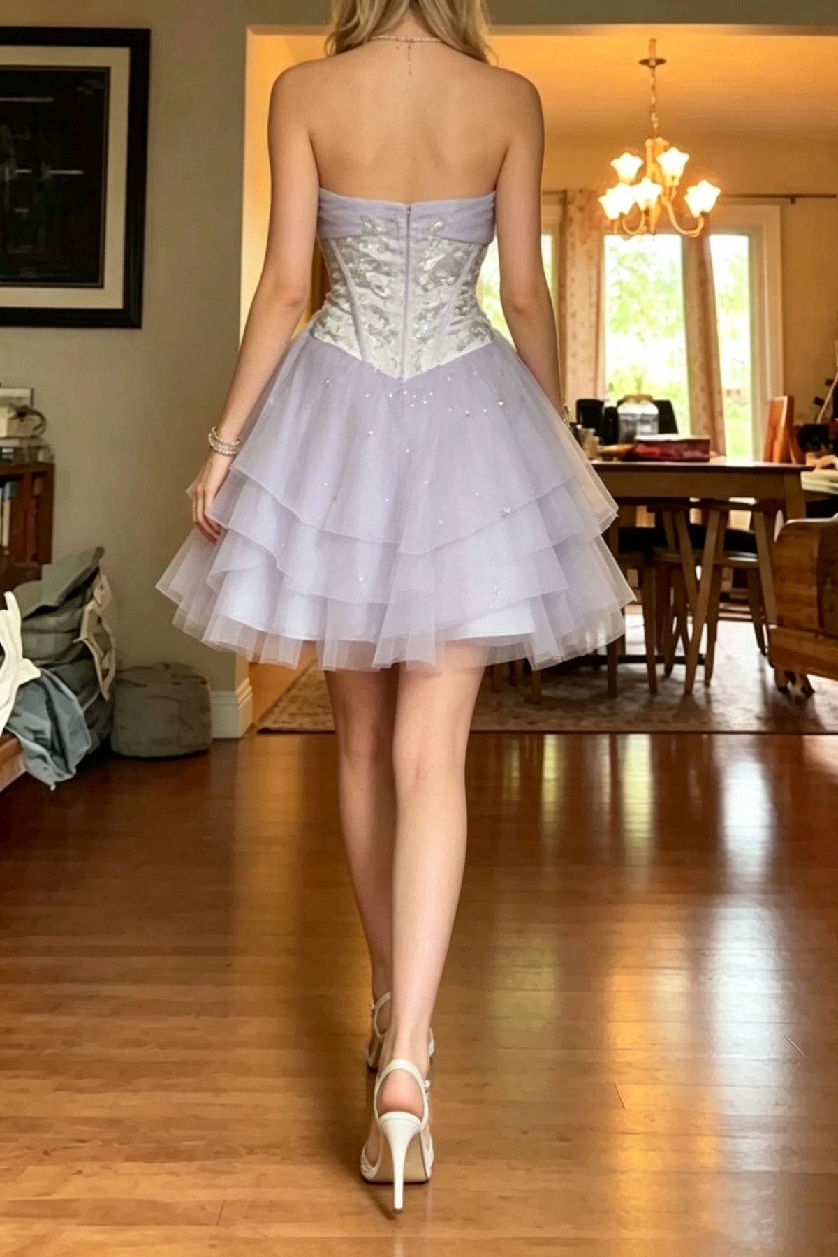 Sweet Lilac A-Line Empire-Waist Layered Short Homecoming Dress with Beads
