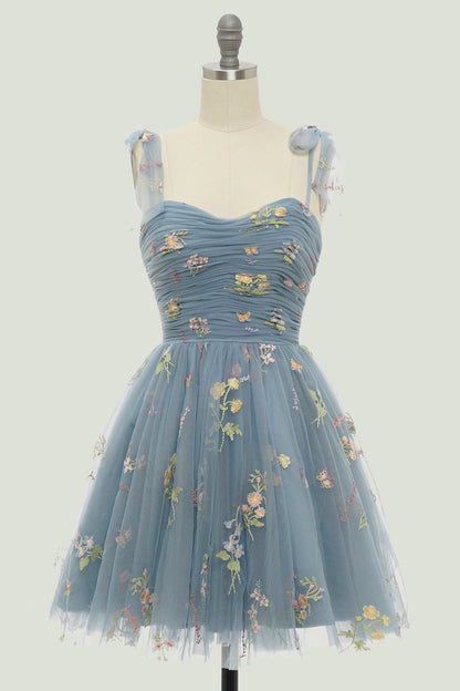 Nude Floral Print A-Line Short Homecoming Dress