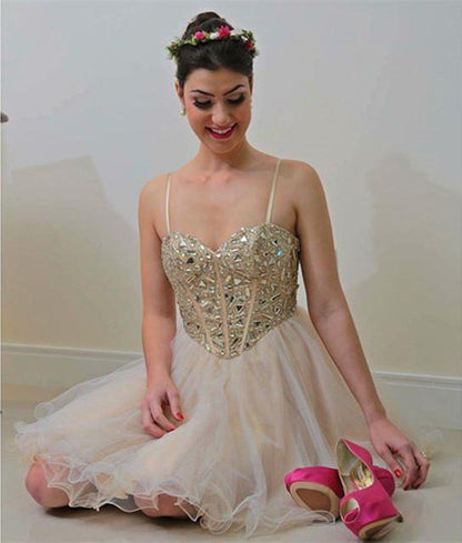Sweetheart Neck Spaghetti Straps Tulle Champagne Homecoming Dresses, Champagne Short Prom Dresses, Graduation Dresses, Evening Dresses