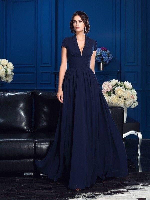 A-Line/Princess V-neck Applique Short Sleeves Long Chiffon Mother of the Bride Dresses - RongMoon