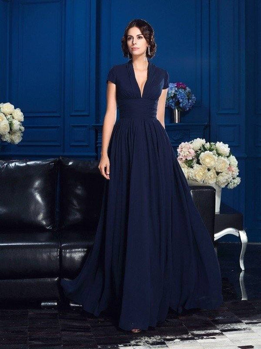 A-Line/Princess V-neck Applique Short Sleeves Long Chiffon Mother of the Bride Dresses - RongMoon
