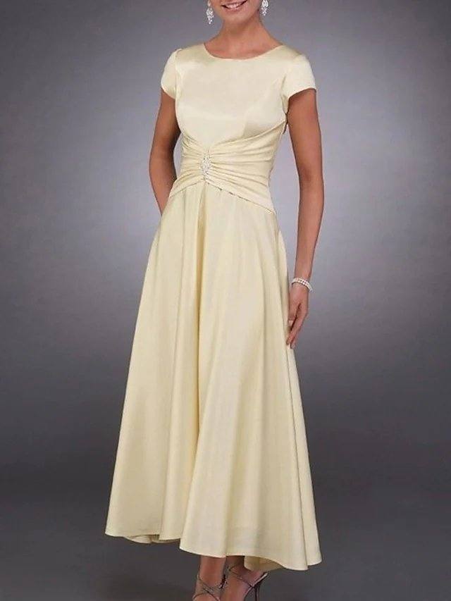 A-Line Mother of the Bride Dress Elegant Jewel Neck Ankle Length Satin Stretch Satin Short Sleeve with Pleats Crystals Draping - RongMoon