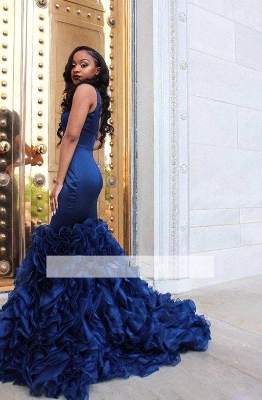 Blue Robe De Soiree Mermaid V-neck Organza Ruffles Backless Sexy Plus Size Long Prom Dresses Prom Gown Evening Dresses - RongMoon