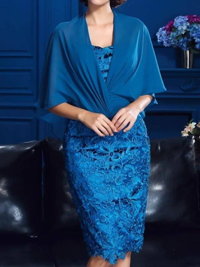 Two Piece A-Line Mother of the Bride Dress Elegant Jewel Neck Knee Length Chiffon Lace Half Sleeve with Appliques - RongMoon