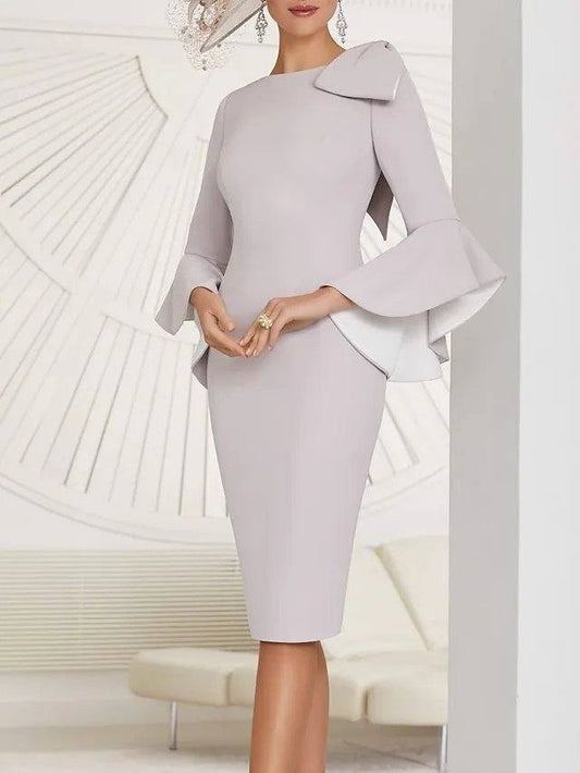 Sheath / Column Mother of the Bride Dress Elegant Jewel Neck Knee Length Stretch Fabric Long Sleeve with Bow(s) Ruffles - RongMoon