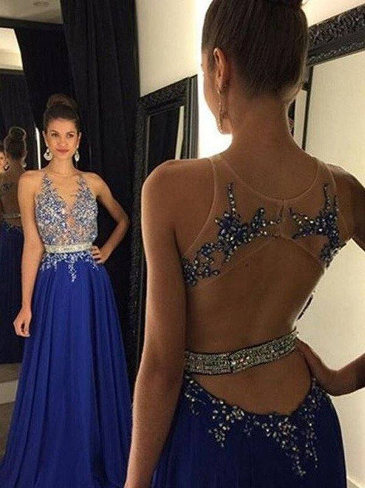 A-Line/Princess Sleeveless V-neck Chiffon Applique Floor-Length Dresses - RongMoon